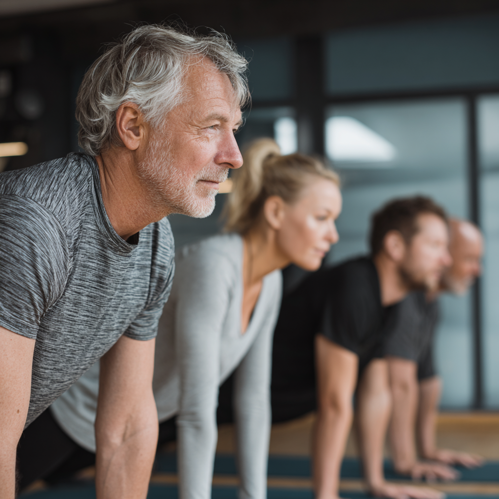 Middle-aged adults participating in balanced fitness training session focused on core stability
